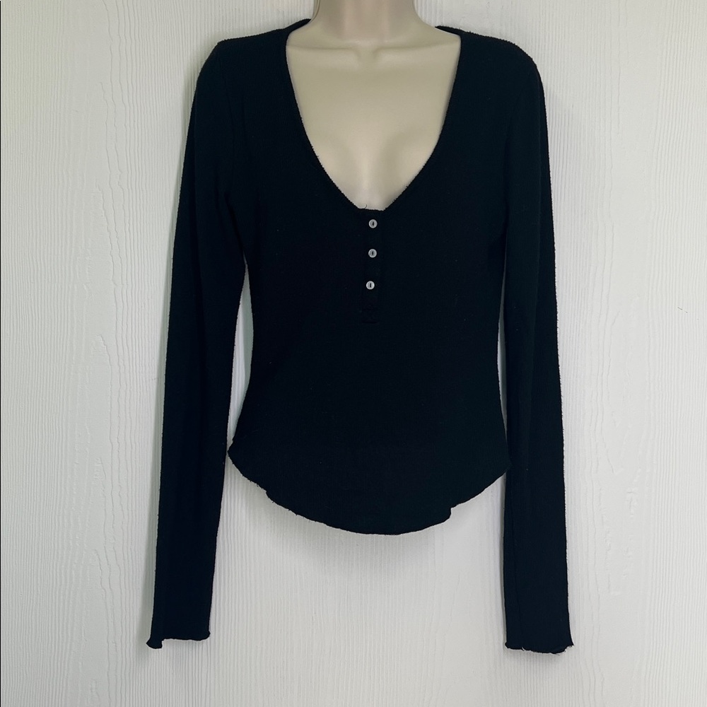 Free People - Intimately Keep It Basic Black Ribbed Soft Henley Blouse Small - Picture 6 of 10